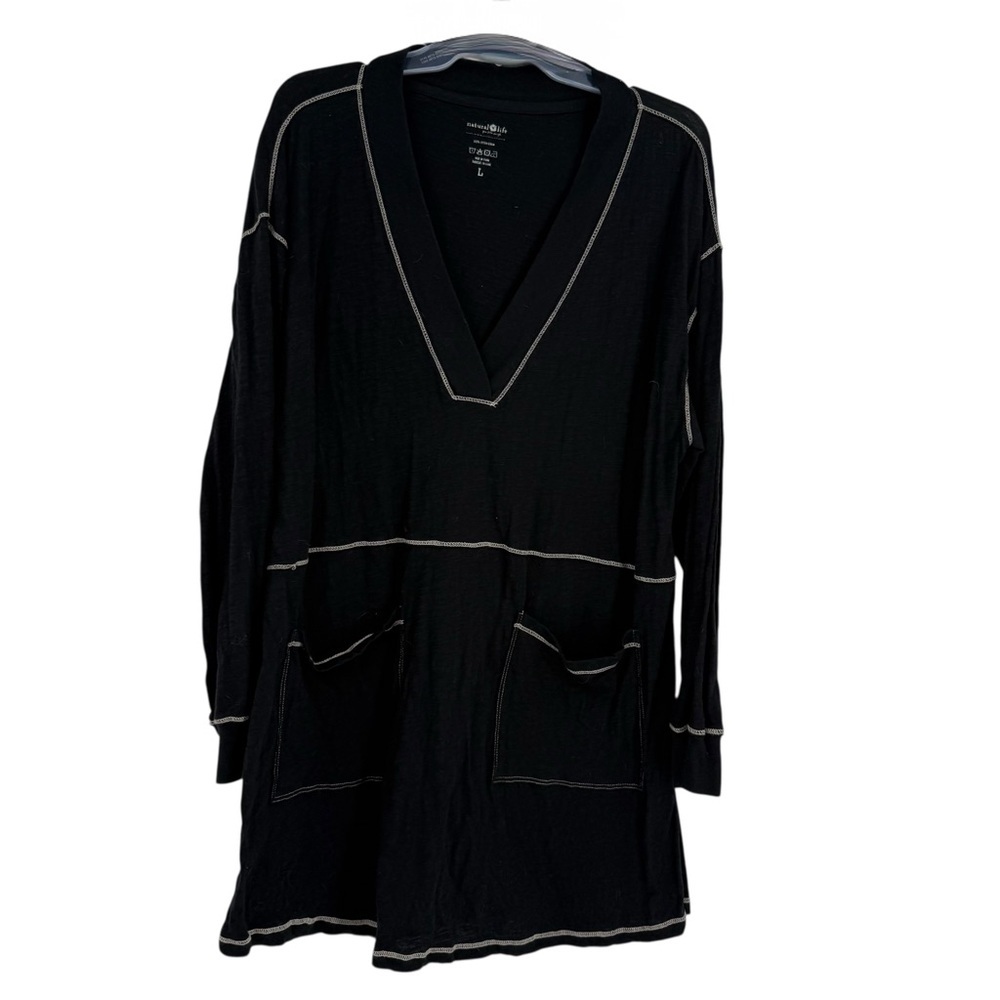 Natural Life Women Lounge Tunic Dress Size L Black  Long Sleeve Boho Surplice